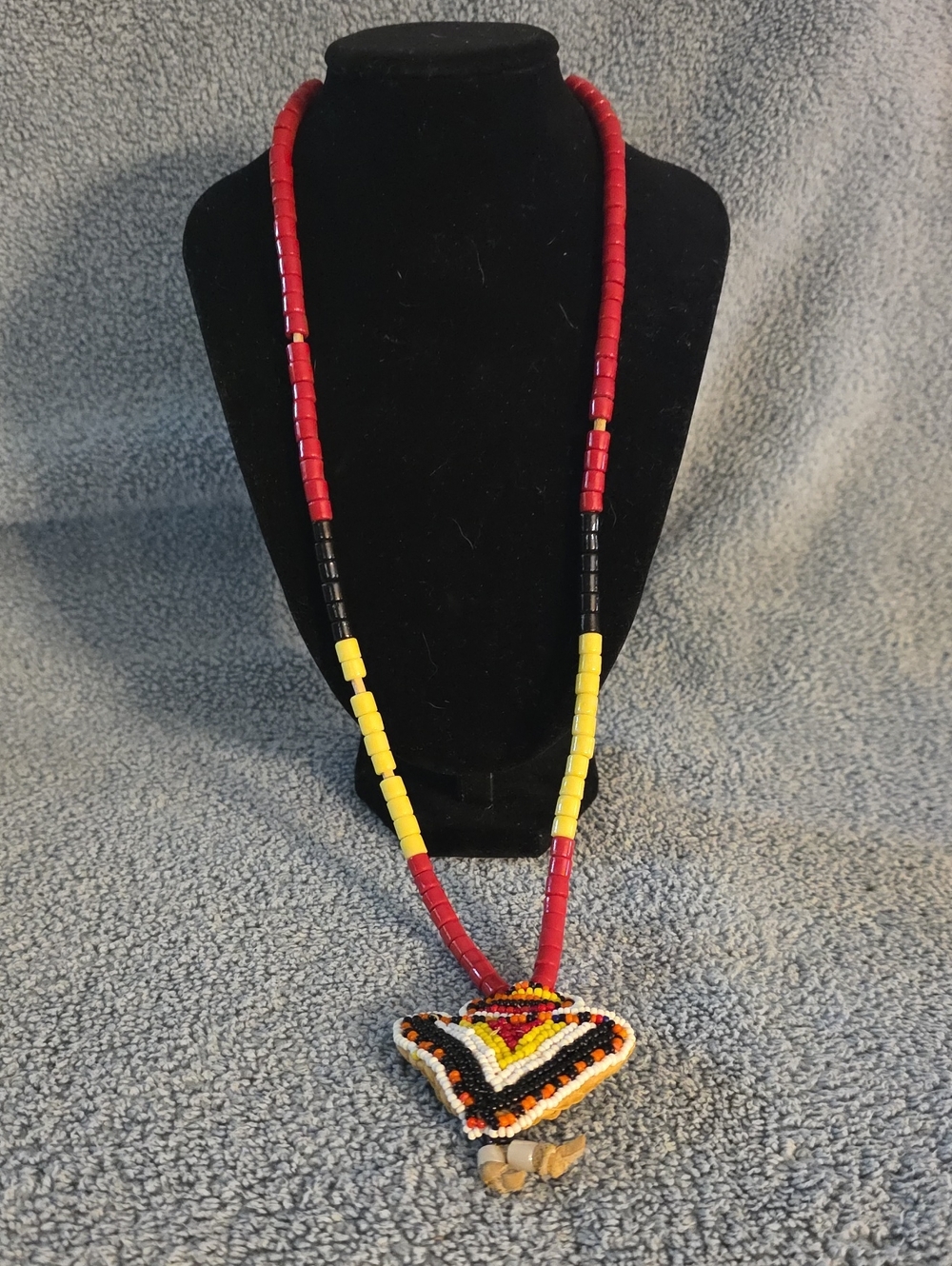 Handmade Beaded Heart Pendant Necklace in Red, Yellow & Black